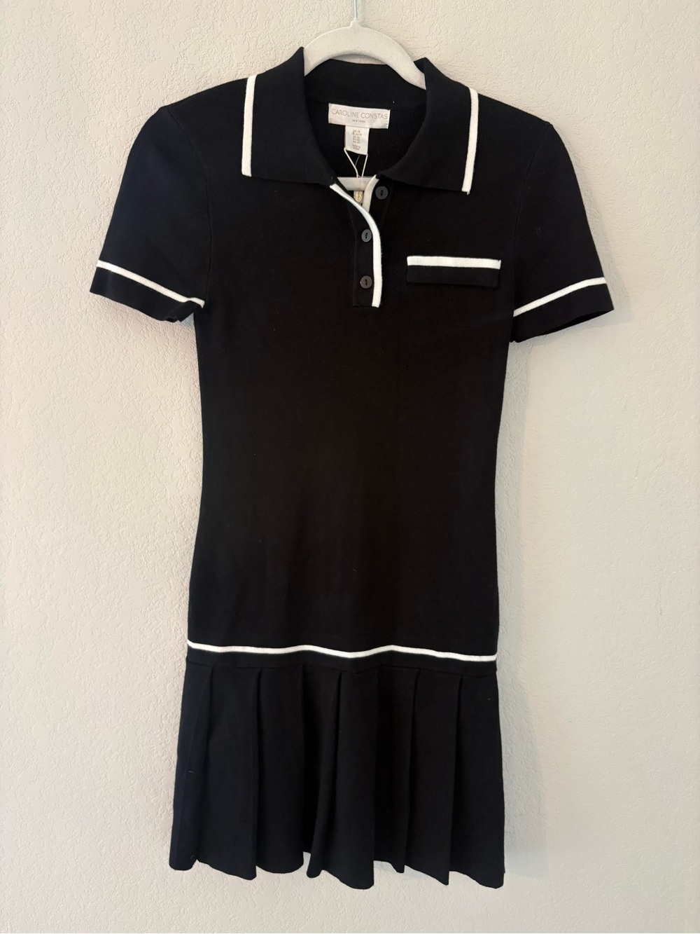 Caroline Constas Knit Polo Mini Pleated Sweater Dress Black Preppy Sporty New XS